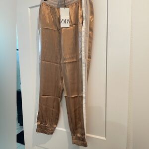 Zara Bronze Satin Joggers with White Stripe